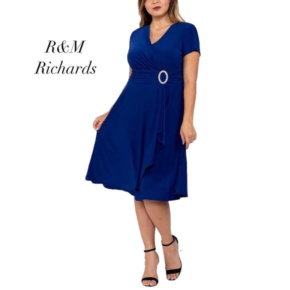 R&M Richards Blue Cascade Rhinestone Buckle Faux Wrap Cocktail Dress NWT Size 6 - Picture 1 of 13